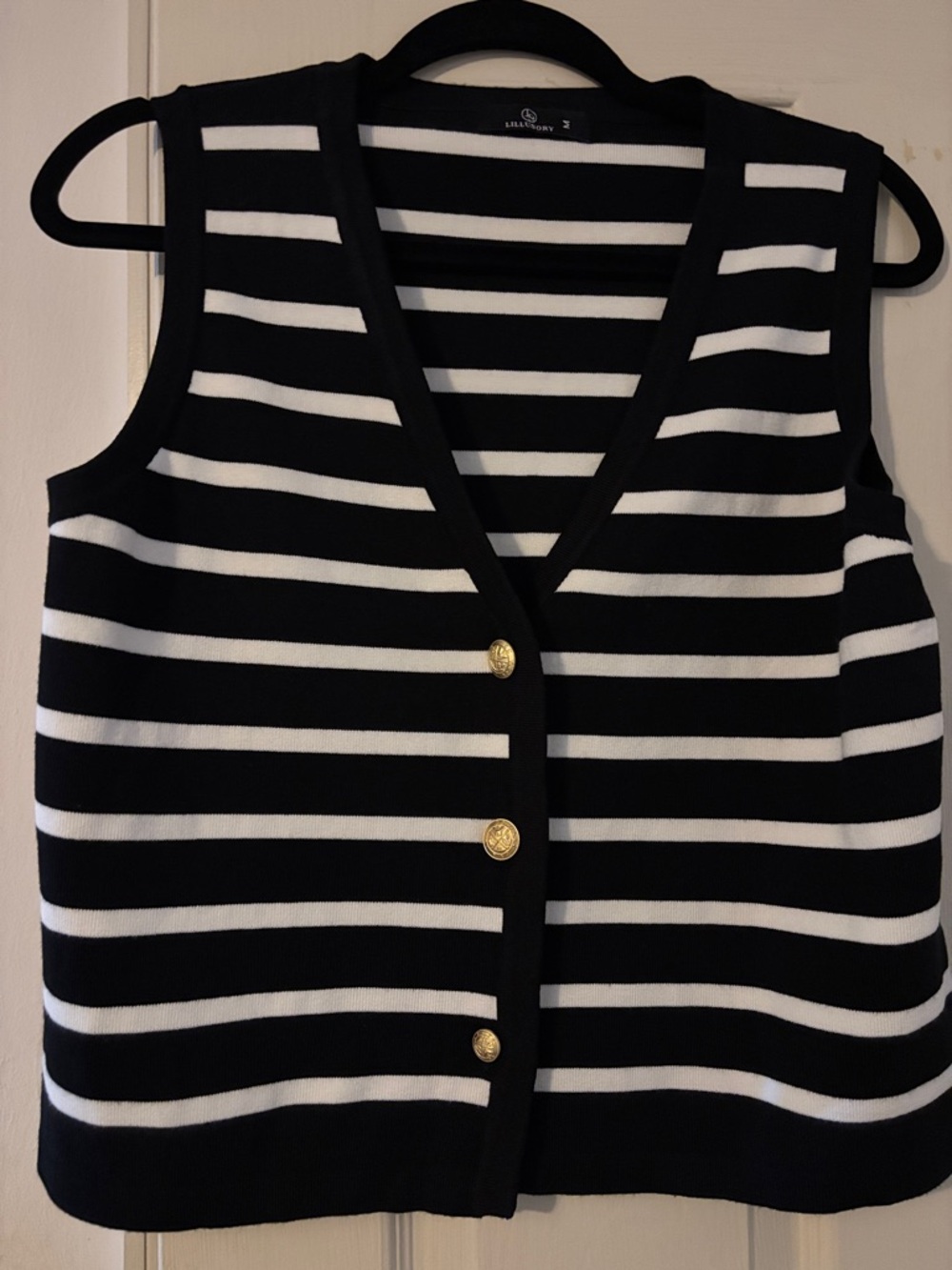 Striped V-Neck Tank Top Vest with Gold Buttons - Black & White
